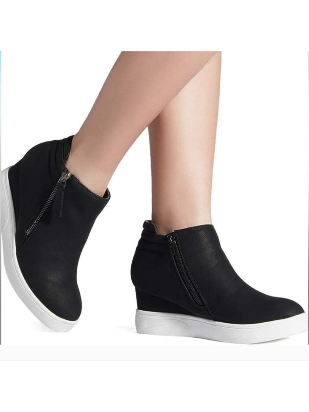 Zipper platform wedge sneakers ankle booties ,black
